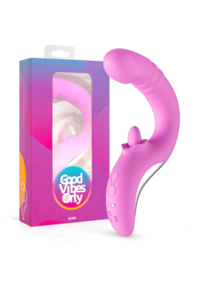Good Vibes Only - Thrusting Vibrator with Tongue Pink — pink device beside its packaging