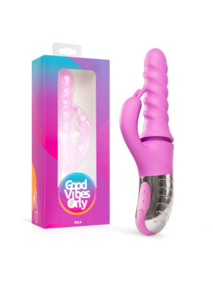 Good Vibes Only - 360° Rotating, Thrusting Vibrator Pink — pink device beside its packaging
