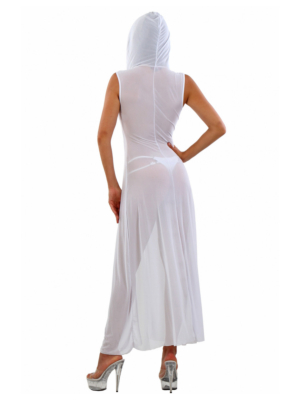 Long negligee in fine fishnet, with hood - White