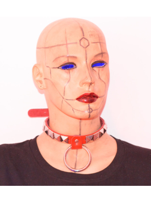1 ROW PYRAMID AND LARGE RING LEATHER CHOCKER - Red