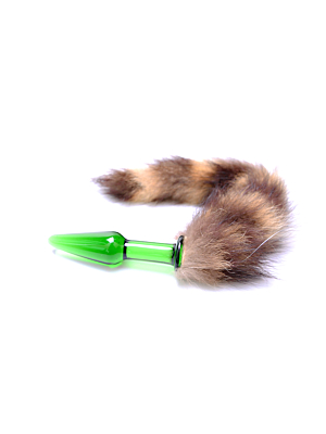 Small Glass Butt Plug with Fox Tail - Brown Stripes - Green Glass