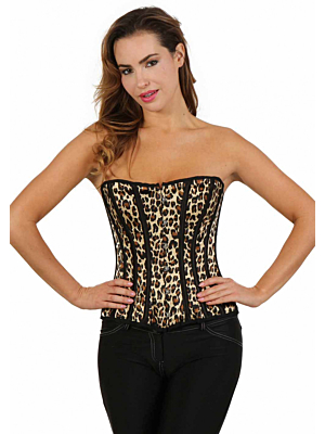 Leopard printed satin corset. Hooks closing front. Adjustment lacing back.
