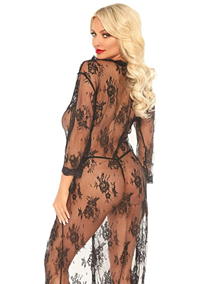 Lace Robe and Thong Set - Leg Avenue Black