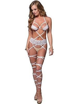Lace Wrap Around Bodystocking - White
