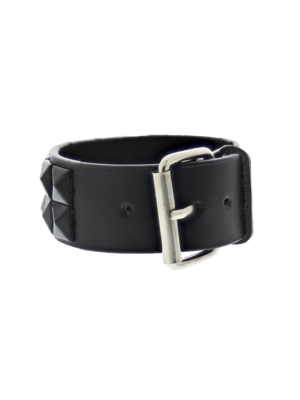 Black on Black 2-Row Pyramid Studded PU Bracelet with Buckle