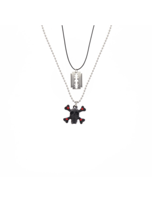 Black Skull & Crossbone with Red Stones and Razor Blade Double Necklace