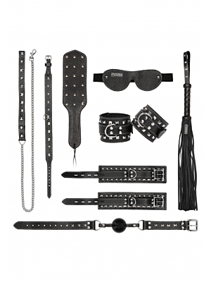 Ouch! Pain 7Pcs - Leather Studded Bondage Kit - Black