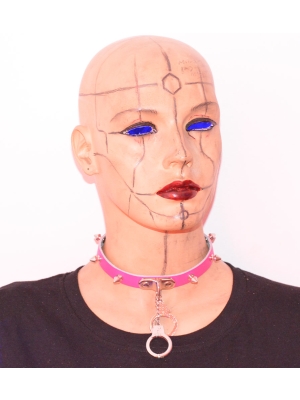 1 ROW SMALL SPIKE AND HANDCUFF LEATHER NECKBAND / LEATHER CHOCKER - Pink