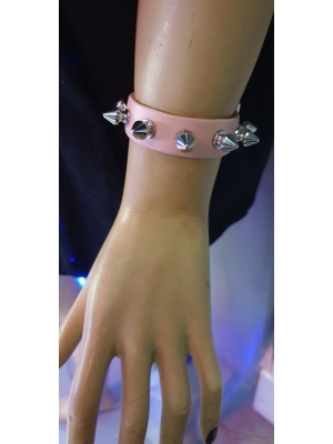 Leather Handmade Wristband with Spikes - Pink - BDSM