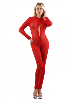 Catsuit in fine fishnet with triple zips Red