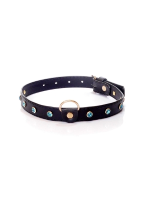 Fetish BDSM Collar with Turquoise Crystals - 2 cm - Vegan Leather