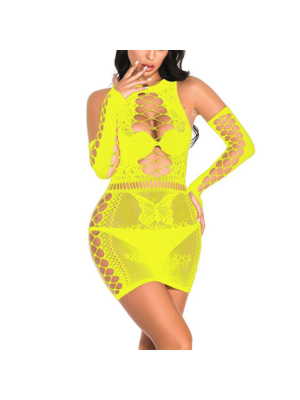 Spicy Mini Dress with Long Gloves Yellow
