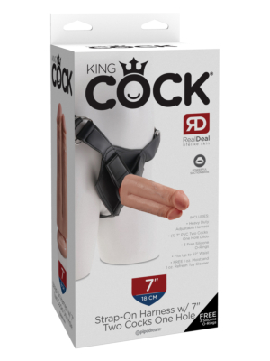 King Cock Strap-On Harness with Two Cocks One Hole Flesh 7in