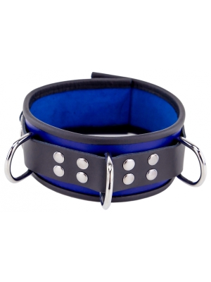 Leather Collar 3D Ring Blue/Black - BDSM Fetish Sex Toy