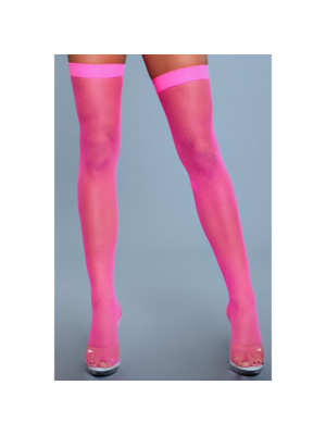 Be Wicked Nylon Fishnet Thigh Highs Neon Pink