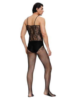 Sexy Black Crocheted Fishnet Bodystockings For Men