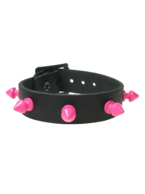 Leather Handmade Black Wristband with Pink Spikes - BDSM