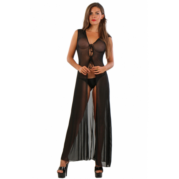 Long negligee in fine fishnet, with hood -BLACK