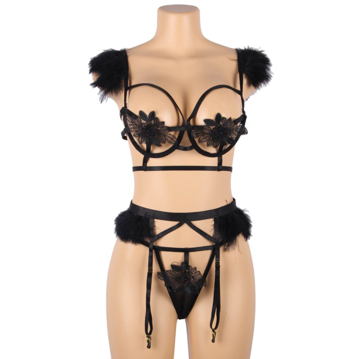 Plus Size Sexy 3pcs Embroidery Applique Feather Bra Panty Set With Underwire