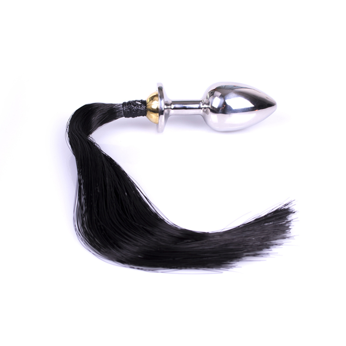 Butt Plug with Tail - Kiotos Stainless Steel Butt Plug with Black Horsetail