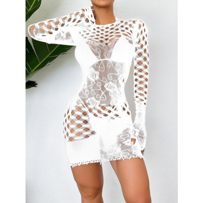 Sexy Long Sleeve Mesh Mini Dress White