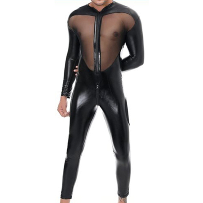 Men Transparent Faux Leather Spliced With Mesh Jampsuit