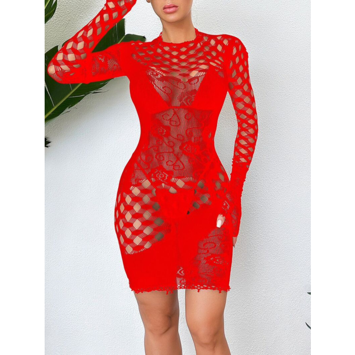 Sexy Long Sleeve Mesh Mini Dress Red