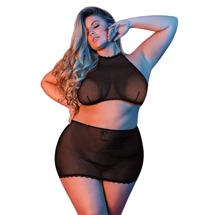 Polka Dot Mesh Halter & Skirt Set - Black - Queen Size