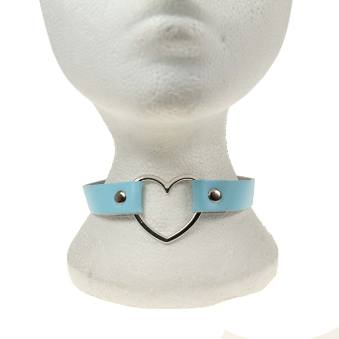 Handmade Row Heart Fitting Leather Choker Collar (Baby Blue) - BULLET69