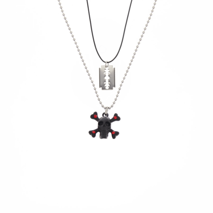 Black Skull & Crossbone with Red Stones and Razor Blade Double Necklace